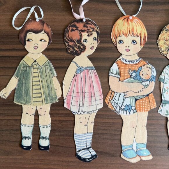 Antique 1920s Paper Fabric Doll Cut Outs Christmas Ornaments With Ribbons - Picture 8 of 10